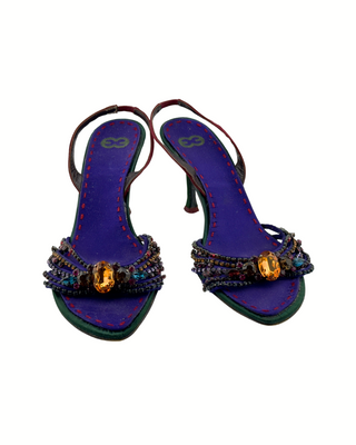 Escada Sandalen aus Seide in Dunkelgrün, Violett und Dunkelrot