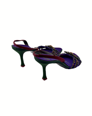 Escada Exotic Sandalen aus Seide in Dunkelgrün, Violett und Dunkelrot