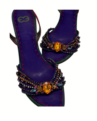 Escada Sandalen aus Seide in Dunkelgrün, Violett und Dunkelrot