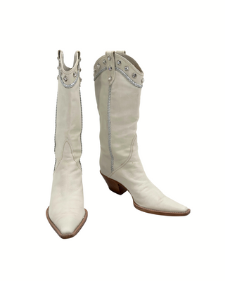 Sergio Rossi weißer Cowboy Stiefel mit Steinchen und Kordel Verzierung (37.5)
