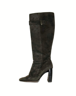 Gucci Wildleder-Stiefel in Anthrazit mit Blockabsatz und Gucci-Logo-Detail