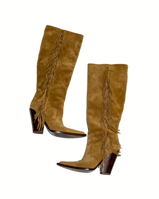 Michael Kors Wildleder-Stiefel mit Fransen in Camel und Blockabsatz
