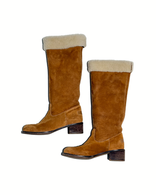 Escada Wildleder-Stiefel mit Lammfell in Camel und Blockabsatz