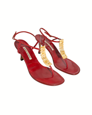 Manolo Blahnik rote Sandalen mit Perlmutt-Elementen und 8 cm Absatz