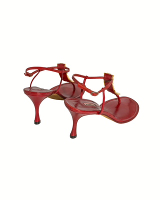 Manolo Blahnik rote Sandalen mit Perlmutt-Elementen und 8 cm Absatz
